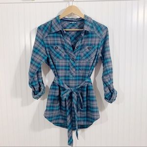 Fossil Plaid Gray, Teal and Navy Button Down Tunic Size Small